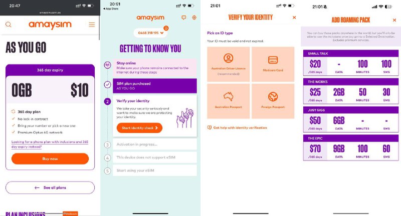 🇦🇺澳大利亚AmaySIM eSIMAmaySIM是澳大利亚第二大运营商Optus的MVNO，在澳大利亚或漫游时信号都很好，稳定性也很高澳大利亚号码因实名制原因，在各大网站的被接受程度都比较高，算是比较推荐的一张卡开通方式：1️⃣访问 