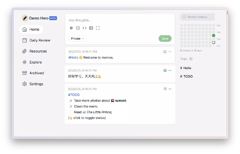 #开源 #工具 #建站📝memos - 一款开源、轻量级的笔记服务系统Demo | 文档flomo 的平替，隐私性更好、拓展性更强频道之前也介绍过，不过那会还比较早期，现在经过多轮迭代升级，功能已经非常全面了！上手体验了一下，简直爱不释手啊，直接在 Nas 部署了一个，速度快，颜值也高，非常建议大家去试试Racknerd 2024 新年促销📮投稿    📢频道    💬群聊    索引
