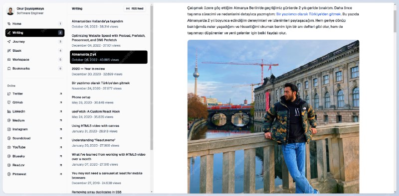 #博客 #建站 #开源onur.dev - 一个简约美观的静态个人主页程序Demo这个程序使用 Next.js、Tailwind CSS、shadcn/ui、Contentful、Raindrop、Supabase 构建，并其中媒体文件都托管在 Contentful 中，程序部署在 Vercel 上面，速度非常流畅开发者所使用的这些服务都有免费套餐，所以作为个人博客也够用了📮投稿    📢频道    💬群聊    索引
