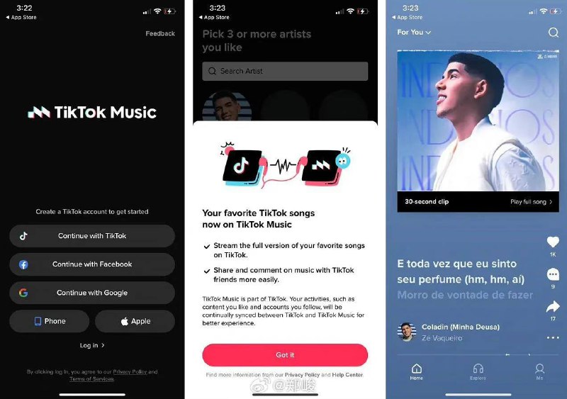 Tiktok在五个国家（巴西、印尼、新加坡、澳大利亚、墨西哥）推出音乐服务，免费试用三个月，看起来直接竞争对手是YouTube Music以及Spotify